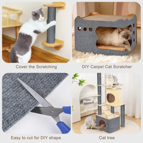 Four uses of the carpet scratch pad, including wall protection and covering a cat tree