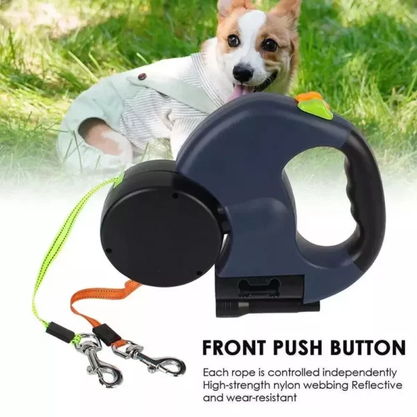 Retractable dual dog leash with a front push-button brake and two clipped leads