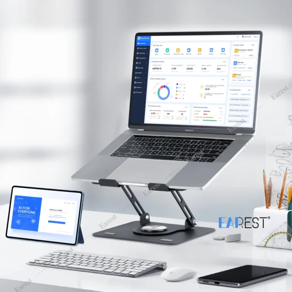 Laptop raised on an adjustable stand beside a tablet and keyboard