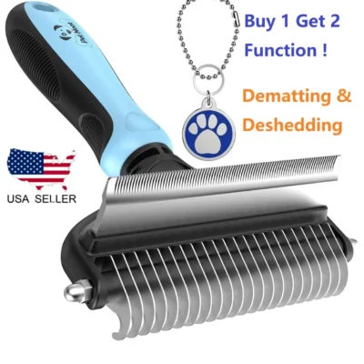 Blue-handled pet grooming tool showing its dematting blades and deshedding comb