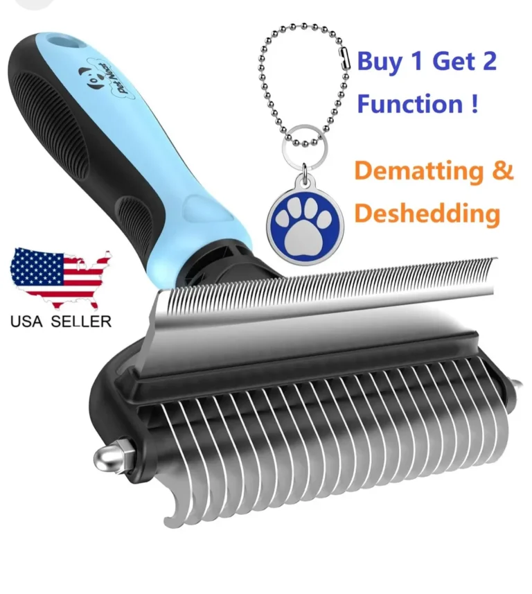 Blue-handled pet grooming tool showing its dematting blades and deshedding comb