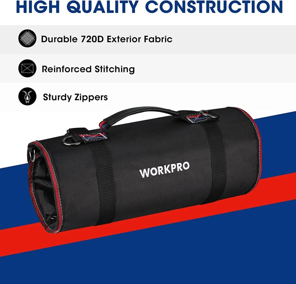 Rolled-up black tool bag with a carry handle, labelled with its fabric, stitching and zippers